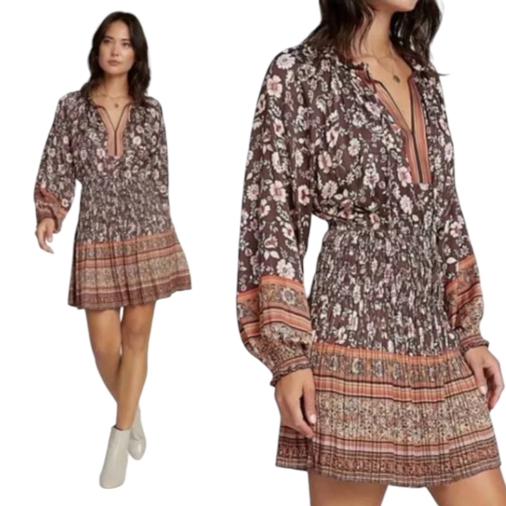 Current Air Anthropologie Lightweight Floral Ruched Brown Dress Sz S